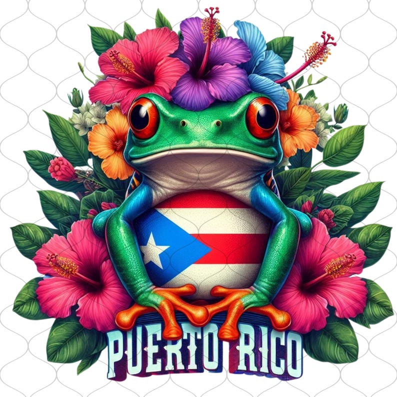 May include: A vibrant illustration of a green frog with red eyes, holding the Puerto Rican flag. The frog is surrounded by colorful hibiscus and other tropical flowers. The text "PUERTO RICO" is at the bottom.