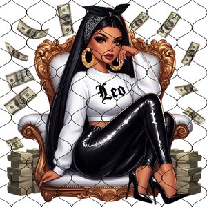 May include: A woman with long black hair wearing a white shirt with the word "Leo" on it, black leather pants, and high heels sits on a gold chair. She is surrounded by dollar bills.
