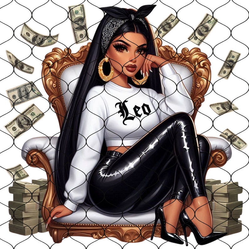 May include: A woman with long black hair wearing a white shirt with the word "Leo" on it, black leather pants, and high heels sits on a gold chair. She is surrounded by dollar bills.