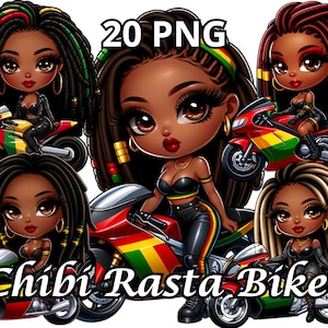 Chibi Rasta Biker, 20 Png, Black Girl Magic Png, Chibi donna afroamericana, Chibi Style Woman Clipart, Afro Queen, Melanin Queen Png