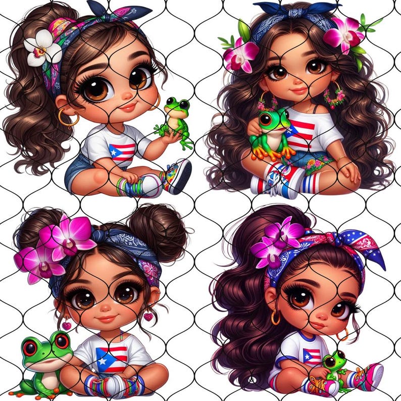 May include: Four digital illustrations of girls with brown hair wearing blue and white bandanas with flowers, white shirts with the Puerto Rican flag, and blue jean shorts. Each girl is holding a green frog.