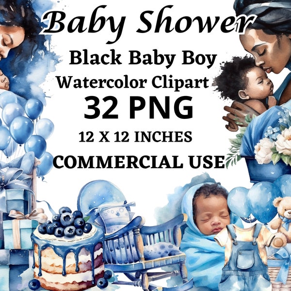 Watercolor Baby Shower Clipart, 32 PNG, Black Baby Boy Clipart, Newborn Baby Boy Bundle,Newborn Nursery Png,Blue Baby Shower,Nursery Clipart
