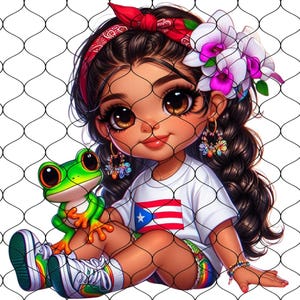 May include: A cartoon girl with large brown eyes and long black braids wears a white t-shirt with a Puerto Rican flag design. She is sitting with a green frog on her lap and has a flower crown on her head.