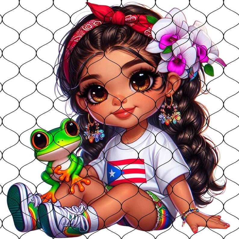 May include: A cartoon girl with large brown eyes and long black braids wears a white t-shirt with a Puerto Rican flag design. She is sitting with a green frog on her lap and has a flower crown on her head.