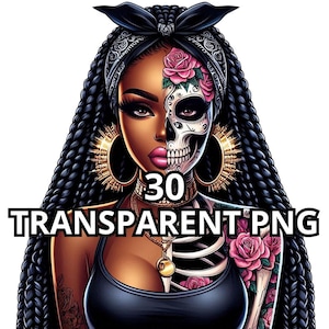 Puede incluir: Una ilustración digital de una mujer con trenzas negras y un pañuelo. La mitad de su rostro es una calavera con flores rosas, y la otra mitad es un retrato de una mujer de piel oscura. El texto "30 TRANSPARENT PNG" está en la parte inferior de la imagen.
