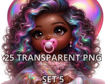 Chibi Cute Iridescent Holographic Black Baby Girl Set 5, 25 PNG, Valentines Day Clipart, Valentines Girl Png, Chibi Girl Png, Afro Girl Png