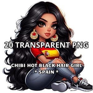 20 Chibi Hot Black Hair Girl - Spanje, prachtig Spaans meisje, Spanje Png, Latina Png, Chibi Girl Png, Spanje Clipart, trots Spaans meisje, Chibi Png