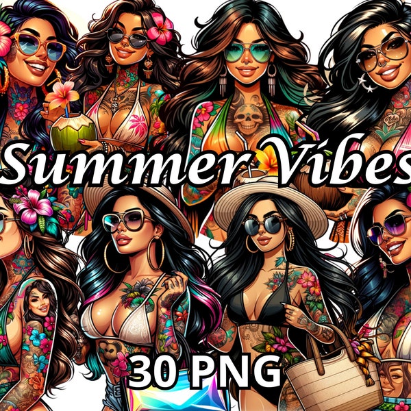 Sommer-Vibes-Clipart, 30 PNG, Sommer-Mädchen-Clipart, Strand-Mädchen-Clipart, Sommer-Clipart, Tattoo-Frau, Tattoo-Mädchen, tätowiertes Küken, brünette Haare