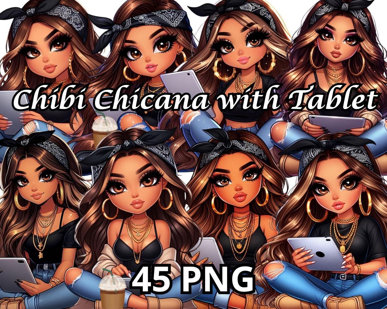 Chibi Chicana with Tablet Clipart, 45 PNG, Chicana Clipart, Latina Png, Latina Woman Png, Chicana Png, Chibi Girl Png, Latina Girl Png