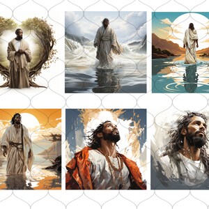 Op de afbeelding: Een digitale kunstcollage van zes afbeeldingen die een zwarte man in verschillende poses tonen, allemaal met een vergelijkbare stijl en kleurenpalet. De afbeeldingen tonen een man in een witte robe, staand in water, met een heldere zon achter hem. De afbeeldingen zijn allemaal tegen een achtergrond van natuur, met bergen, bomen en water.