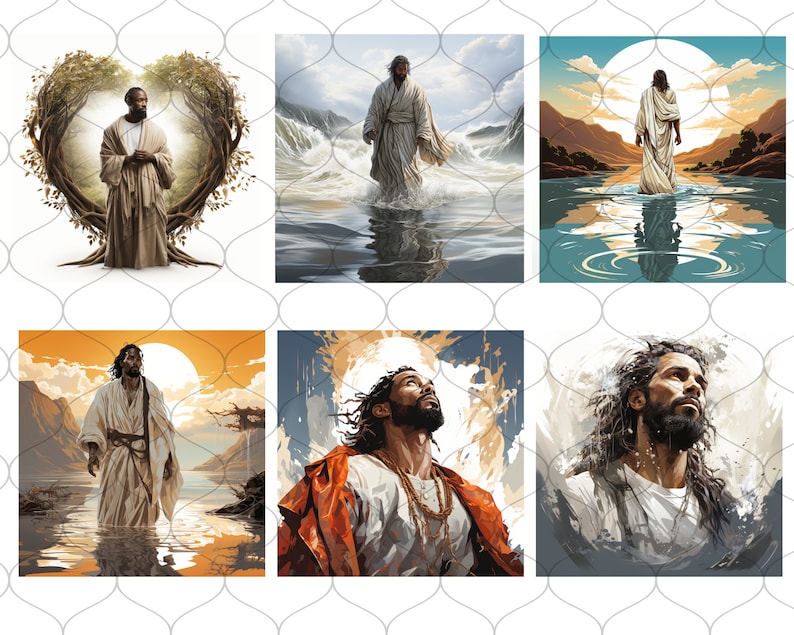 Op de afbeelding: Een digitale kunstcollage van zes afbeeldingen die een zwarte man in verschillende poses tonen, allemaal met een vergelijkbare stijl en kleurenpalet. De afbeeldingen tonen een man in een witte robe, staand in water, met een heldere zon achter hem. De afbeeldingen zijn allemaal tegen een achtergrond van natuur, met bergen, bomen en water.