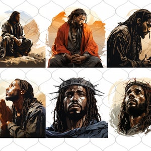 Op de afbeelding: Zes digitale kunst-illustraties van een zwarte man met lange dreadlocks. De man wordt afgebeeld in verschillende poses en uitdrukkingen, waaronder bidden, zitten en omhoog kijken. De illustraties zijn in een schilderachtige stijl met aandacht voor detail en textuur.