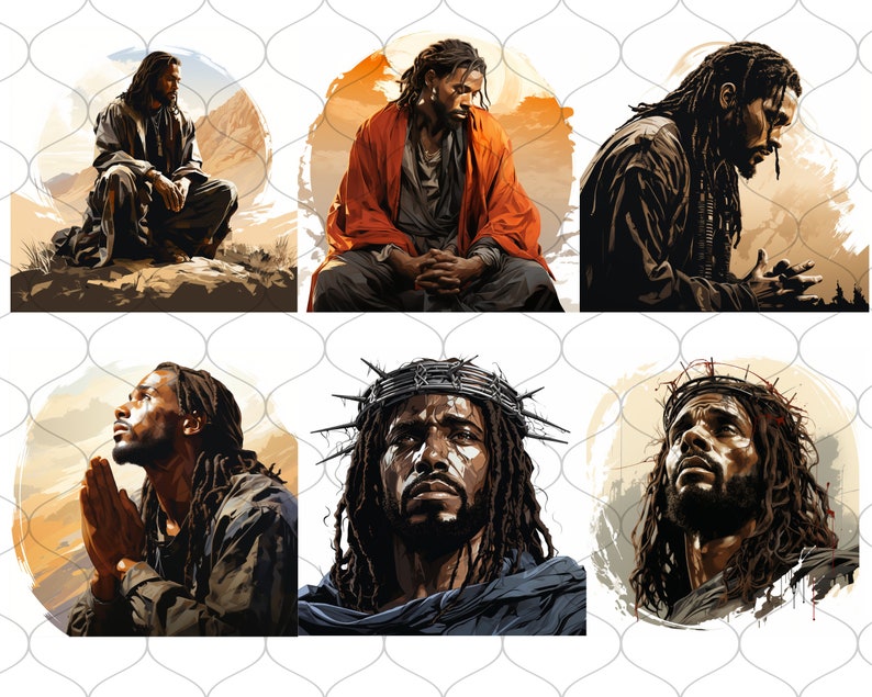 Op de afbeelding: Zes digitale kunst-illustraties van een zwarte man met lange dreadlocks. De man wordt afgebeeld in verschillende poses en uitdrukkingen, waaronder bidden, zitten en omhoog kijken. De illustraties zijn in een schilderachtige stijl met aandacht voor detail en textuur.