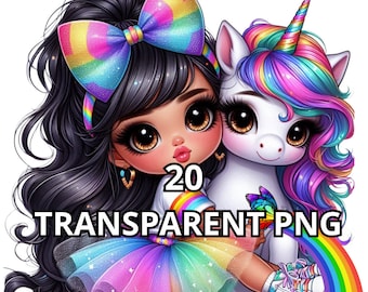 Rainbow Chibi Cute Latina Baby Girl, 20 PNG, Latina Princess Clipart, Hispanic Girl Png, Chibi Girl Clipart, Chibi Girl Png, Rainbow Unicorn