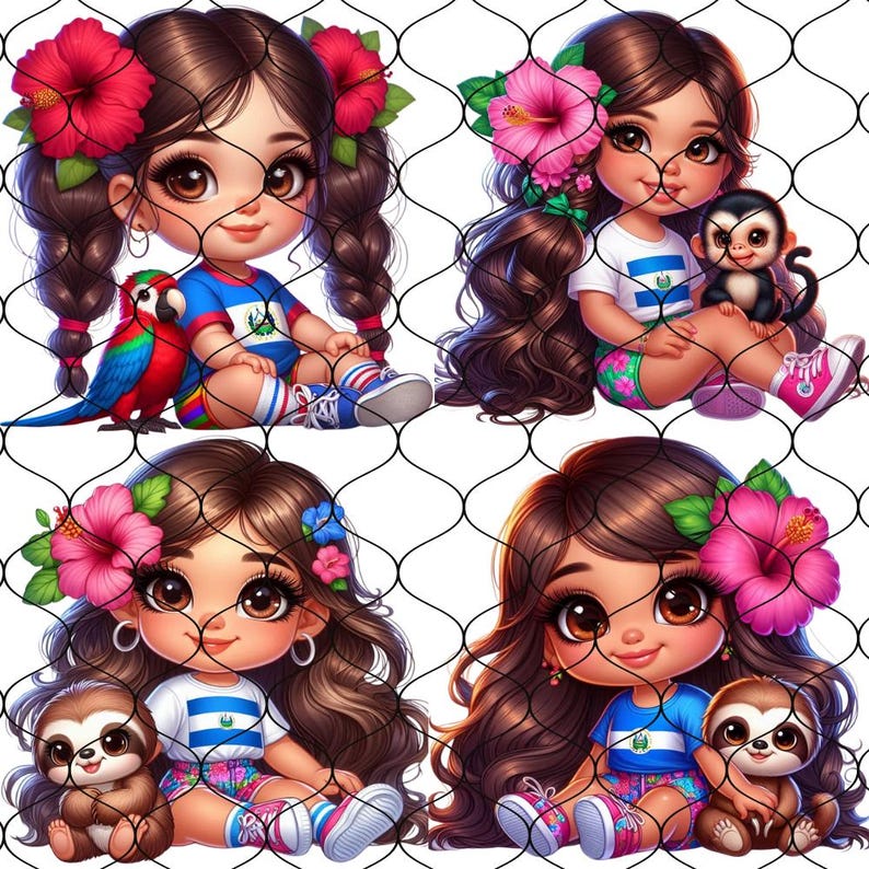Puede incluir: Cuatro ilustraciones digitales de chicas con cabello largo y casta&ntilde;o que visten atuendos azules y blancos con la bandera de Nicaragua. Cada chica sostiene un animal diferente: un loro, un mono, un perezoso y un perezoso. Todas las chicas sonr&iacute;en y tienen ojos grandes.