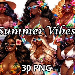 サマーバイブ PNG、30 PNG、サマーガールクリップアート、ビーチガールクリップアート、黒人ガールマジック PNG、曲線美の黒人女性、曲線美の黒人少女、ブラッククイーン PNG