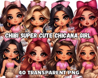 May include: A digital illustration of eight cartoon girls with brown, black, and blonde hair wearing pink outfits and holding cups of coffee. The text "CHIBI SUPER CUTE CHICANA GIRL" is at the top of the image and the text "40 TRANSPARENT PNG" is at the bottom of the image.