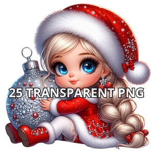 Hübsches kleines Weihnachtsmann-Baby mit blonden Haaren, 25 PNG, Diamantkugel, Weihnachts-Png, funkelnde Weihnachten, Baby-Zwergmädchen, Chibi-Mädchen-Clipart