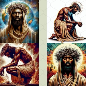 May include: A digital art collage of four images depicting a Black man with a crown of thorns. The images are in a grid format. The top left image shows the man with a crown of thorns and a robe, with a globe behind him. The top right image shows the man kneeling with a crown of thorns and a robe. The bottom left image shows the man kneeling with a crown of thorns and a robe. The bottom right image shows the man with a crown of thorns and a robe, with a sun behind him.