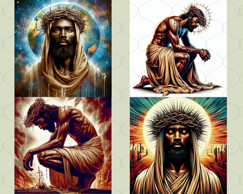 May include: A digital art collage of four images depicting a Black man with a crown of thorns. The images are in a grid format. The top left image shows the man with a crown of thorns and a robe, with a globe behind him. The top right image shows the man kneeling with a crown of thorns and a robe. The bottom left image shows the man kneeling with a crown of thorns and a robe. The bottom right image shows the man with a crown of thorns and a robe, with a sun behind him.