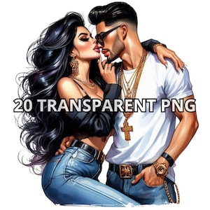 May include: Digital illustration of a couple embracing, with the text "20 TRANSPARENT PNG". The woman has long black hair and is wearing a black top and blue jeans. The man wears a white t-shirt, sunglasses, and gold jewelry.