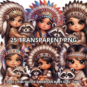 May include: A digital illustration featuring multiple chibi-style Native American baby girls with raccoons. The girls wear headdresses and traditional clothing. The text "25 TRANSPARENT PNG" and "CUTE CHIBI NATIVE AMERICAN BABY GIRL - SET 3" are visible.