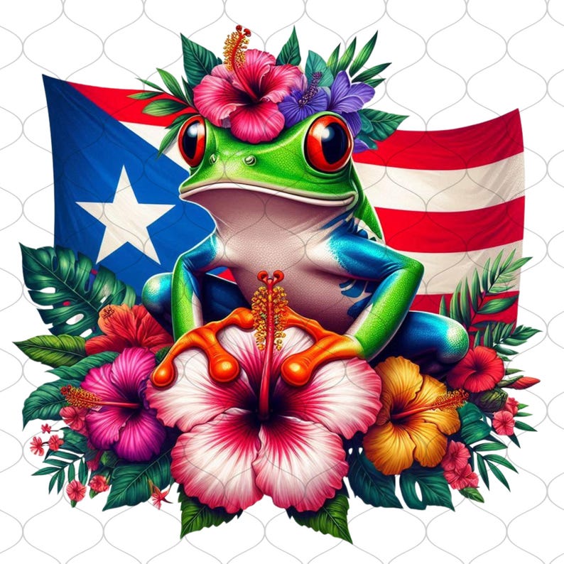 May include: A vibrant illustration of a green frog with red eyes, adorned with a floral crown and surrounded by hibiscus flowers and tropical leaves. The Puerto Rican flag is in the background, creating a colorful and patriotic design.