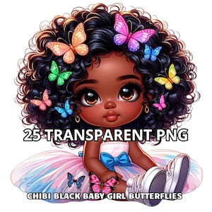 25 Chibi Schwarzes Baby Mädchen Schmetterlinge, Chibi Mädchen Clipart, Chibi Mädchen Png, Schwarzes Mädchen Clipart, Kleines Schwarzes Mädchen Clipart, Schwarzes Mädchen Png, Afro Mädchen