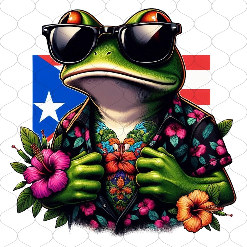 May include: A green frog wearing sunglasses and a floral shirt, with a Puerto Rican flag in the background. The frog is holding the shirt open to reveal a colorful tattoo on its chest.