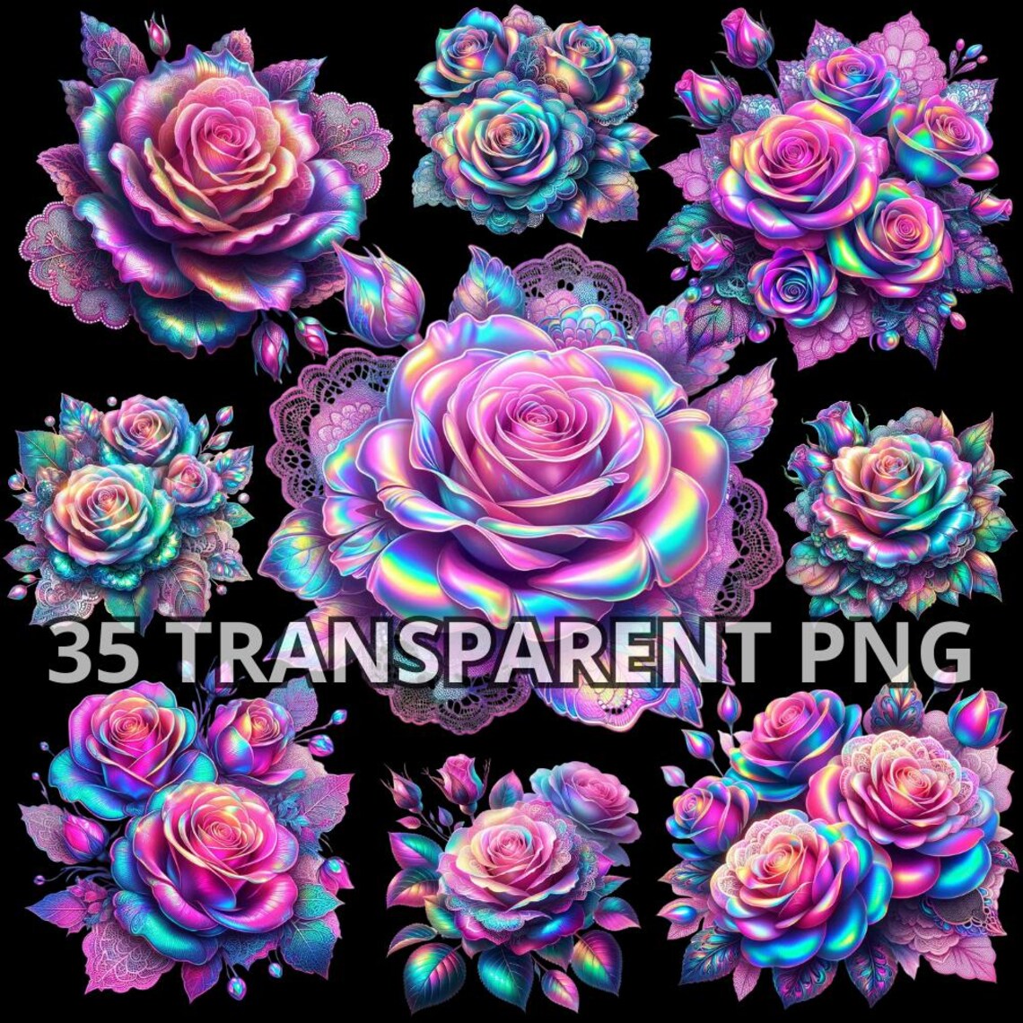 Iridescent Roses Iridescent Holographic Roses Lace Leaves, 35 PNG, Roses Clipart, Roses ...