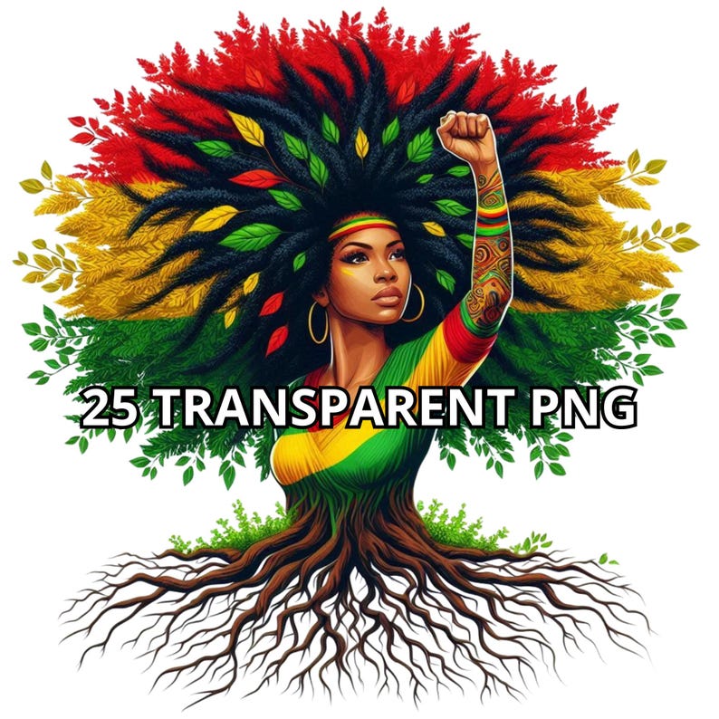 K&ouml;nnte beinhalten: Digitale Illustration einer Frau mit einem baumartigen Design. Das Haar der Frau ist eine Mischung aus Rot, Gelb und Gr&uuml;n, mit Bl&auml;ttern und Wurzeln. Sie tr&auml;gt ein gr&uuml;n-gelbes Oberteil, und der Text "25 TRANSPARENT PNG" wird angezeigt.