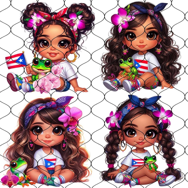 May include: Four digital illustrations of girls with brown hair and brown eyes wearing colorful headbands and shirts with the Puerto Rican flag. Each girl is holding a green frog.