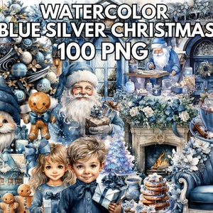 Aquarel blauw zilver Kerstmis, 100 PNG, Kerstmis PNG clipart bundel, winter clipart, kerstboom PNG, magische gezellige tijd, blauwe kerst