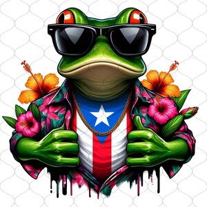 May include: A green frog wearing sunglasses and a Hawaiian shirt with the Puerto Rican flag peeking out from underneath. The frog is giving a thumbs up with both hands.