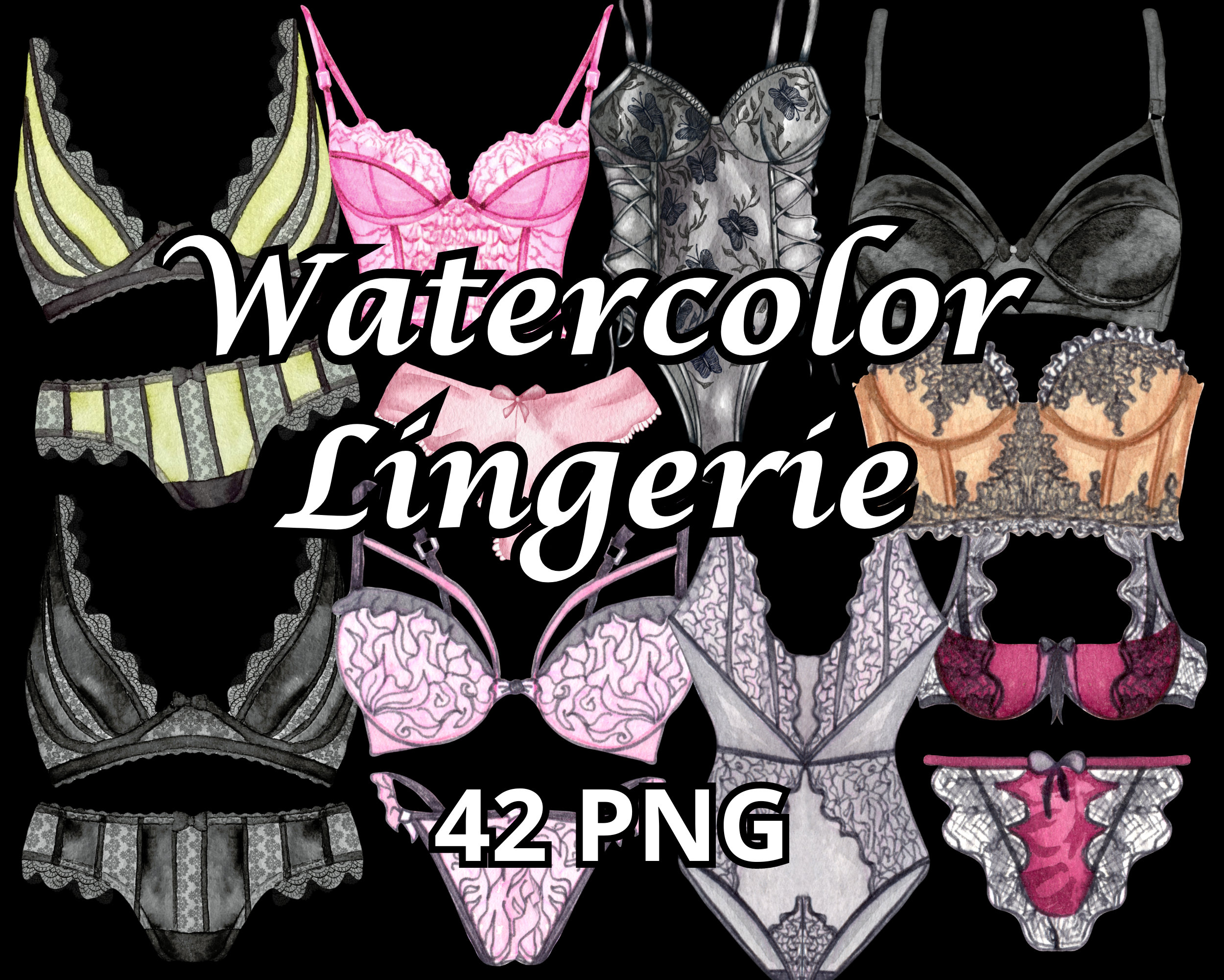 Watercolor Lingerie, 42 PNG, Corset Clipart, Lingerie Clipart, Women's Underwear Png, Bachelorette Clipart, Lace Lingerie, Bra Clipart, Fashion