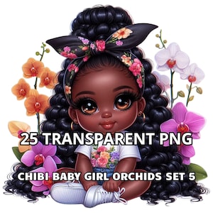 Conjunto de 25 orquídeas chibi para niñas. 5 imágenes prediseñadas de niña negra, niña negra pequeña, niña negra PNG, niña afro PNG, niña chibi PNG, niña chibi Clipart