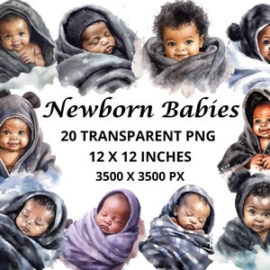 Aquarel zwarte pasgeboren baby's, 20 PNG, zwarte baby PNG, zwarte baby slapen, zwarte baby clipart, zwarte kind clipart, kwekerij baby clipart
