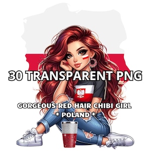 Gorgeous Red Hair Chibi Girl-Poland, 30 PNG, Polish Girl Png, Poland Png, Polish Pride Png, Poland Clipart, Chibi Girl Png,Proud Polish Girl