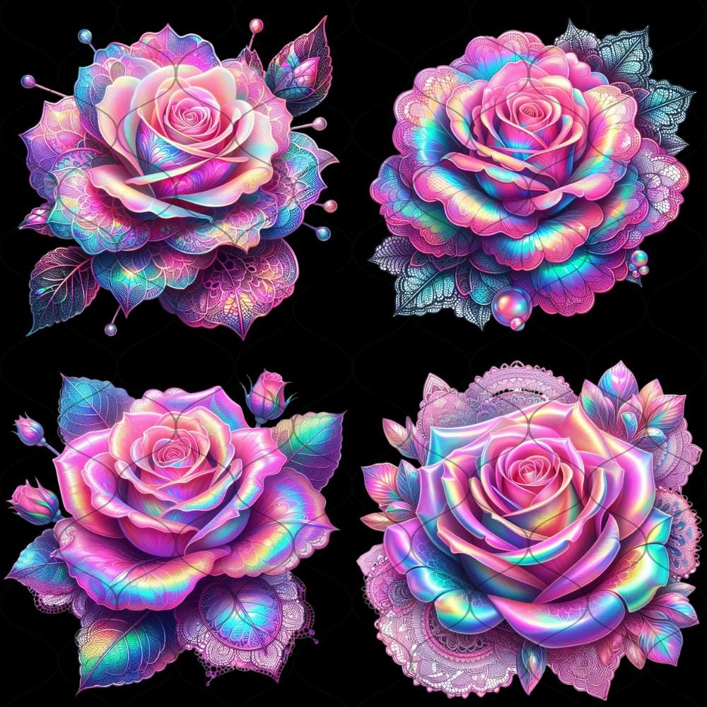 Iridescent Roses Iridescent Holographic Roses Lace Leaves, 35 PNG, Roses Clipart, Roses ...