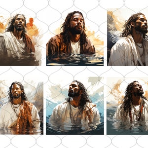 Op de afbeelding: Een digitale schildering van een man met lange dreadlocks en een baard, die een witte robe draagt en in het water staat. Het water golft om hem heen en de achtergrond is een wazig landschap.