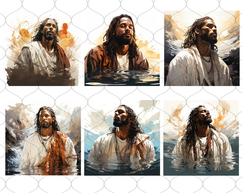 Op de afbeelding: Een digitale schildering van een man met lange dreadlocks en een baard, die een witte robe draagt en in het water staat. Het water golft om hem heen en de achtergrond is een wazig landschap.