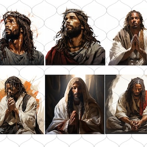 Op de afbeelding: Zes digitale kunstprints van een zwarte man met lange dreadlocks, die een doornenkroon en een gewaad draagt, in verschillende poses. De prints zijn in een collage-indeling gerangschikt, waarbij elke print een derde van de afbeelding beslaat.