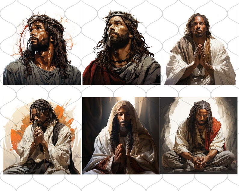 Op de afbeelding: Zes digitale kunstprints van een zwarte man met lange dreadlocks, die een doornenkroon en een gewaad draagt, in verschillende poses. De prints zijn in een collage-indeling gerangschikt, waarbij elke print een derde van de afbeelding beslaat.