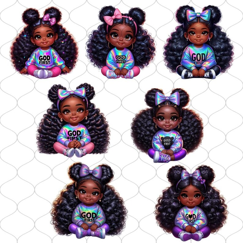 May include: Six digital illustrations of Black girls with curly hair wearing iridescent purple sweatshirts with the text "GOD FIRST" in white. Each girl has two buns in her hair with a pink bow on each bun.