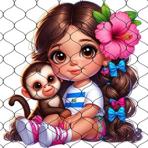 Puede incluir: Una ilustraci&oacute;n de dibujos animados de una ni&ntilde;a con cabello largo y casta&ntilde;o que lleva una camisa blanca con un dise&ntilde;o a rayas azul y blanco y una flor rosa en el cabello. Ella est&aacute; sosteniendo un peque&ntilde;o mono con pelaje marr&oacute;n. La ni&ntilde;a lleva zapatos rosas y lazos azules y rosas en el cabello.