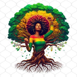 K&ouml;nnte beinhalten: Eine k&uuml;nstlerische Illustration einer Frau mit gro&szlig;em Afro, integriert in einen Baum. Die Frau tr&auml;gt ein lang&auml;rmliges Hemd in den Farben der Rastafari-Flagge. Der Baum hat gr&uuml;nes, gelbes und rotes Laub, wobei der K&ouml;rper der Frau den Stamm bildet.