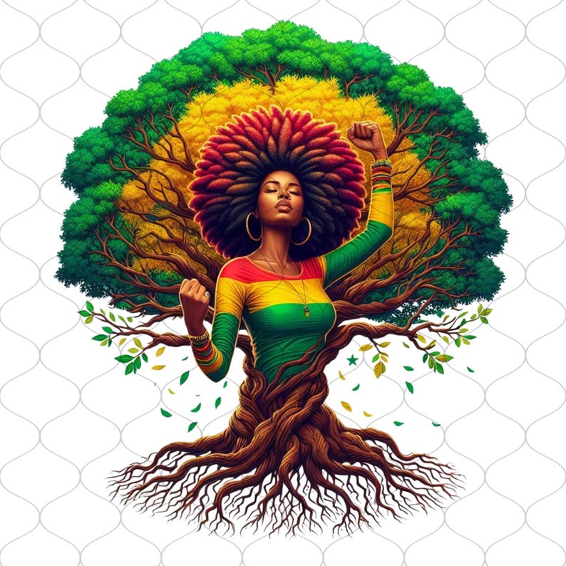 K&ouml;nnte beinhalten: Eine k&uuml;nstlerische Illustration einer Frau mit gro&szlig;em Afro, integriert in einen Baum. Die Frau tr&auml;gt ein lang&auml;rmliges Hemd in den Farben der Rastafari-Flagge. Der Baum hat gr&uuml;nes, gelbes und rotes Laub, wobei der K&ouml;rper der Frau den Stamm bildet.