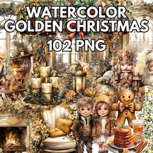 Aquarela Golden Christmas, 102 PNG, Natal PNG Clipart Bundle, Winter Clipart, Christmas Tree Png, Magical Cozy Time