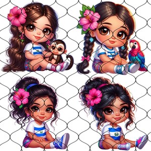 Puede incluir: Cuatro ilustraciones digitales de chicas con cabello oscuro que llevan camisas a rayas azules y blancas y flores rosas en el cabello. Cada chica lleva una falda con un dise&ntilde;o de bandera azul y blanca. Las chicas est&aacute;n sentadas sobre un fondo blanco con un patr&oacute;n de cuadr&iacute;cula blanco y negro.