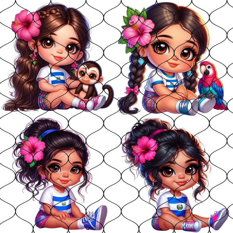 Puede incluir: Cuatro ilustraciones digitales de chicas con cabello oscuro que llevan camisas a rayas azules y blancas y flores rosas en el cabello. Cada chica lleva una falda con un dise&ntilde;o de bandera azul y blanca. Las chicas est&aacute;n sentadas sobre un fondo blanco con un patr&oacute;n de cuadr&iacute;cula blanco y negro.